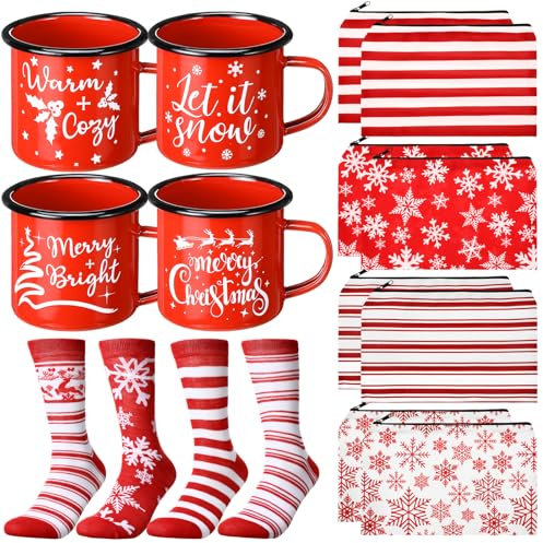 Baderke 4 Set Christmas Gifts Christmas Mugs Enamel Mug 4 Pcs Xmas Makeup Bags Bulk Santa Goodie Bags and 4 Pcs Santa Socks Xmas Socks for Family Women Friend(Red)