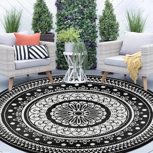 Cekene Runde Outdoor-Teppiche für Terrasse, 3 m, wasserdicht, wendbar, für den Außenbereich, Terrasse, schwarz, leicht, Kunststoff, Strohteppich, tragbar, Wohnmobil, Campingmatte, Bodenteppich für
