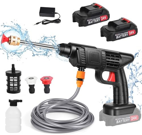 Nettoyeur Haute Pression sans Fil sur 2 Batteries - 240 L/h Pistolet Eau - avec Chargeur et Tuyau de 5M pour Le Nettoyage et Arrosage