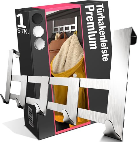 Menz Premium Türgarderobe zum Einhängen, Edelstahl - Rostfreie Türhaken zum Einhängen, Kleiderhaken Tür mit hoher Tragkraft - Universelle Türhakenleiste mit 5 Haken, Handtuchhalter Tür