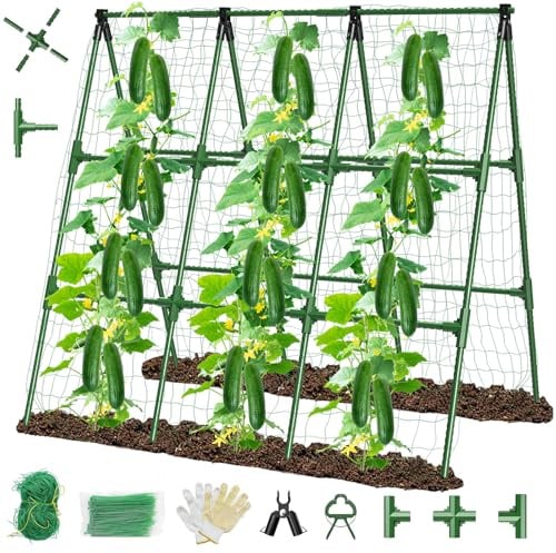 MQHUAYU 114x135cm Gurken Rankhilfe Set,Faltbares A-Rahmen Rankgitter | Einstellbare Breite,Gartengurkengitter mit Ranknetz,Stabile Pflanzenstütze für Kletterpflanzen,Gurken,Erbsen und Gemüse