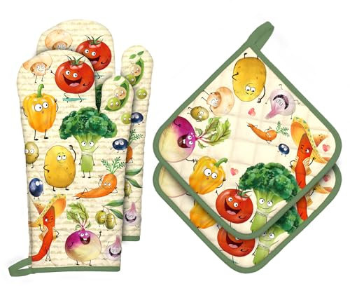 Arquiel Ofenhandschuh und Topflappen Gemüse 4er Set, 100% Baumwolle Kochhandschuhe, Hitzebeständiger Küchenhandschuh Zum Kochen Backen Grillen Geschenk