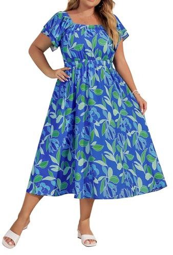 Damen-Freizeitkleid mit quadratischem Ausschnitt und Lotusärmeln Midikleid in großer Größe A-Linien-Kleid