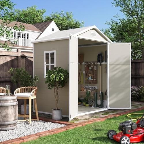 Amopatio Outdoor Storage Shed 6x4.5 FT, Plastic Resin Outside Sheds & Outdoor Storage for Trash Can, Bike, Lawnmower, Generator, Tool Shed with Lockable Door for Backyard, Lawn, Patio, Sandstone