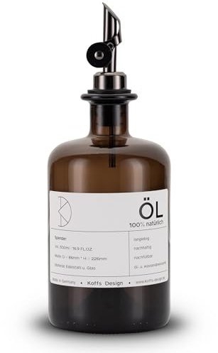 Koffs Design Ölflaschen zum Befüllen - Moderner Ölspender aus Braunglas mit Edelstahl Ausgießer – Spender für Öl und Essig - individuell bedruckbare Flaschen für jeden Inhalt - 500ml - Öl