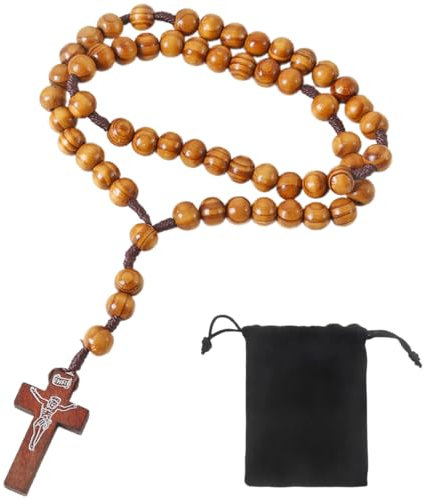 NOPKESV Rosario di San Benedetto in Legno d'Ulivo, Cattolico con Medaglia - Collana Uomo Fatto a Mano da Gerusalemme