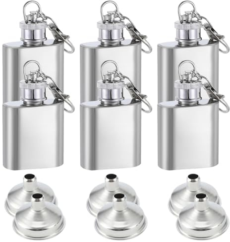 Thatyro 6 Pieces 1 Oz/30 ML Mini Stainless Steel Flask with Funnel, Portable Pocket Hip Flask with Keychain, Small Metal Whiskey Flask Wine Bottle for Men Women Liquor Weddings Parties (6)