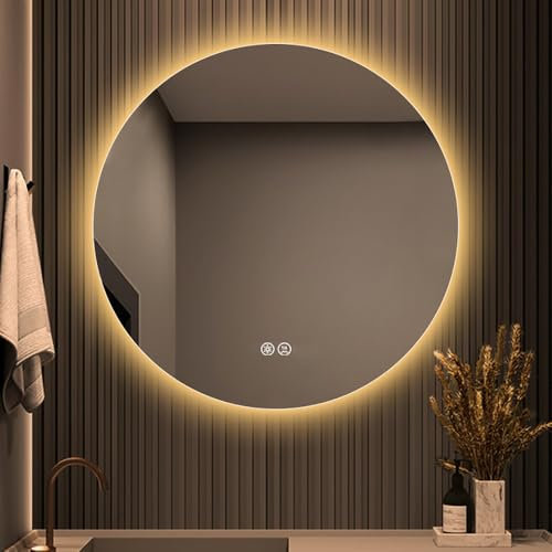 Rund Wandspiegel mit Licht LED 90cm Beschlagfrei Badspiegel mit Touchschalter Dimmbar 3 Lichtfarbe Beleuchtet Kosmetikspiegel Rahmenloser Dekospiegel mit Hinterleuchteten für Schlafzimmer/Wohnzimmer(6