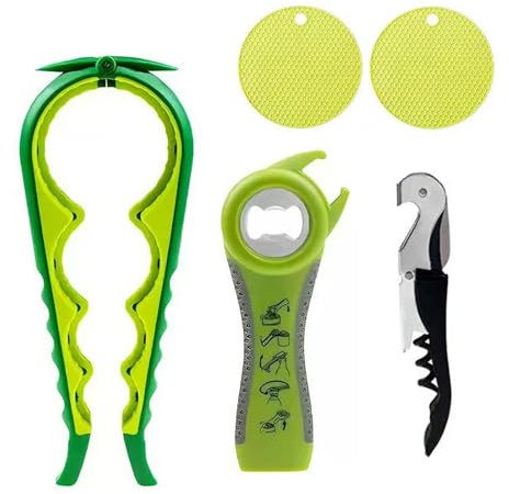 Jar Opener Set - 5-Pack Multi-Purpose Can Openers, Kitchen Tools for Hand Weakness, Elderly and Arthritis Patients, Cork, Beer Bottle Opener Non-Slip Heat Insulation Silicone Mat(Green and Yellow)