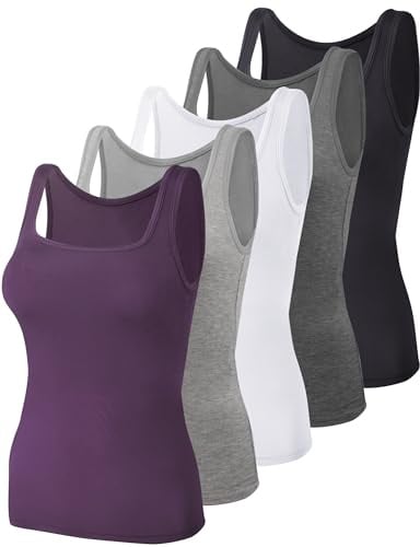 BQTQ 5 Pcs Women's Square Neck Tank Tops Sleeveless Vest Tops Undershirts | Square Neck Undershirts for Women, Slim Fit and Stretchy Summer Tank Tops Ribbed Sleeveless Layering Vest Tops