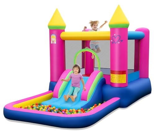 COSTWAY Inflatable Bounce House, Kids Bouncy Castle with Slide, Jumping Area, Basketball Hoop & Ball Pit, Blow up Jumper for Indoor Backyard Playground (without blower)