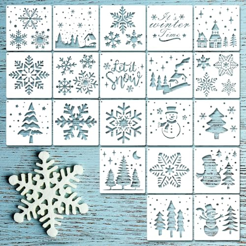 20 Stück Weihnachts Schneeflocken Schablonen,Wiederverwendbare Weihnachtsbasteln Schablone,Schneemann Schablonen zum Malen auf Holzwand Wohnkultur Wandschablone (Schneeflocke)