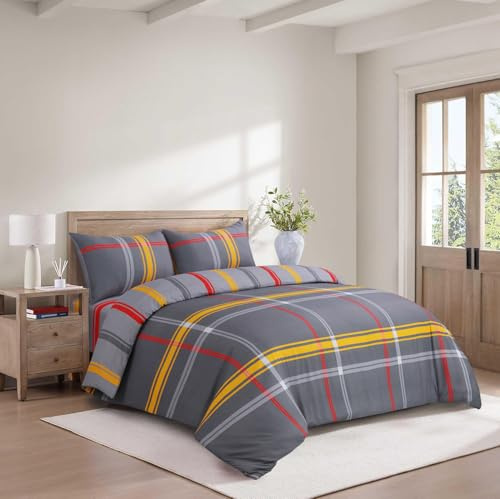 Hadi London Luxury 4 Piece Bedding Set – Duvet Cover, Fitted Sheet & 2 Pillowcases | Wrinkle-Free, Fade Resistant – Floral & Check Designs