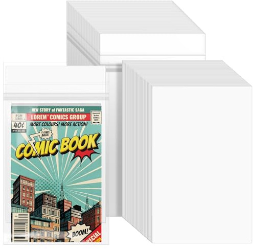 VOKOY 50 Sets Resealable Current Size Comic Book Bags and Boards, Crystal Clear Self Sealing Comic Book Sleeves with Double-Sided White Cardboard Regular Comics Magazine Storage for Collector Business