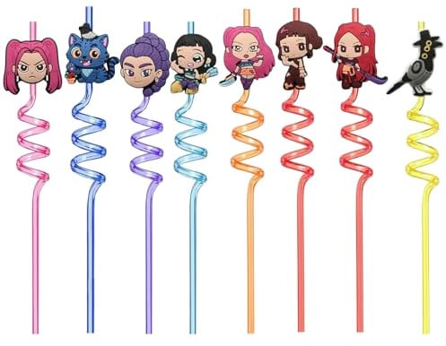 8PCS Colourful Kpop Straws, Reusable Curly Straws with Spiral Design, Flexible Bendable Demon Straw for Kids Drinks & Party Cups, Kawaii Straw for Smoothies and Cocktails