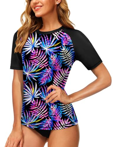 Arankhiger Womens Rash Vest Sun Protection Swim Shirt Quick Dry Swimming Top Short Sleeve Sun Shirts