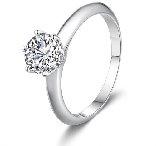 Tolldek 9 Karat 375 Weißgold Hochzeitsring, 6 Klaue Trauringe mit Moissanit, Echter Schmuck Partnerringe 9K Gold, Gr.49 (15.6)