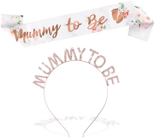COMOOKA Mummy to Be Schärpe mit Haarreif Babyparty Deko für Werdende Mutter | Mommy to Be Schärpe Rosegold, Mom to be Geschenk für Werdende Mama, Baby Shower Deko für Schwangerschaft Verkünden