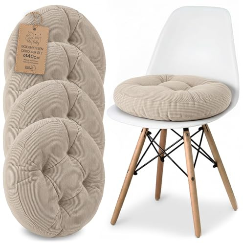 Sitzkissen Rundes Sitzpolster 4er Set 40 cm aus Cord waschbar – Stuhlkissen & Bodenkissen Sitzpolster Stuhlauflage für Esszimmer Wohnzimmer Küche Sitzbank & Hocker Beige