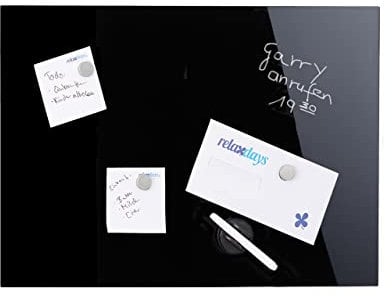 Relaxdays Magnettafel, beschreibbar, inkl. 3 Magnete & Stift, abwischbar, Rahmenlos, Magnetboard Glas, 100x60cm, schwarz