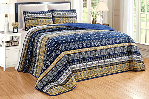 Grand Linen 3-teiliges Bettwäsche-Set in Übergröße (254 x 241,3 cm), wendbar, Tagesdecke, Überwurf, Queen-Size-Bettbezug, marineblau, gelb gestreift
