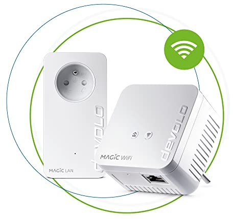 devolo Magic 1 Wifi 4 (n) Mini Starter Kit : 2x Adaptateurs CPL WiFi (1200 Mbits, 2x Ports Fast Ethernet), idéal télétravail, gaming, streaming, prise française