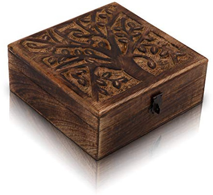 Birthday Gifts Handmade Decorative Wooden Jewellery Keepsake Box With Tree Of Life Carving & Lock & Key Jewellery Organizer Treasure Chest Trinket Holder Watch Storage Lock Box 15 x 15 cms