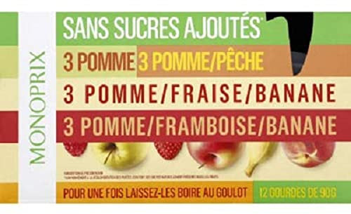 Monoprix Dessert sans sucres ajoutés, 4 variétés - Les 12 gourdes de 90g
