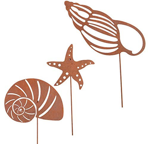 UNUS Gartendeko Gartenstecker aus Edelrost Metall Muscheln 3er Set für Garten Terrasse oder Balkon
