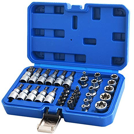 Qnkaa Female Torx Socket Bit Set 34pcs 3/8 1/4 E4-E20 Nuts Set I T10-T60 Star Sockets Security Bit