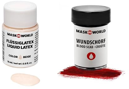 Maskworld Halloween Schmink-Set Zombie - Profi Make-Up Kunstblut Latexmilch (Wundschorf + Liquid Latex Horrorhaut)