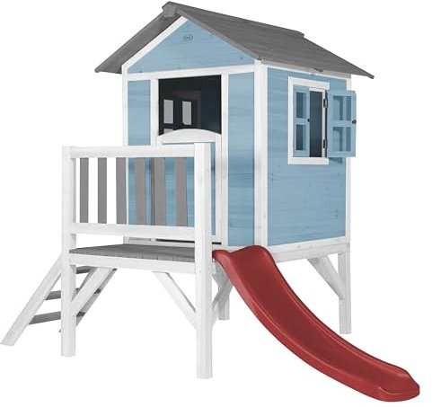 AXI Beach Lodge XL Casetta blu con scivolo rosso | Casa per bambini su palafitte con veranda in legno FSC | Parco giochi per il giardino