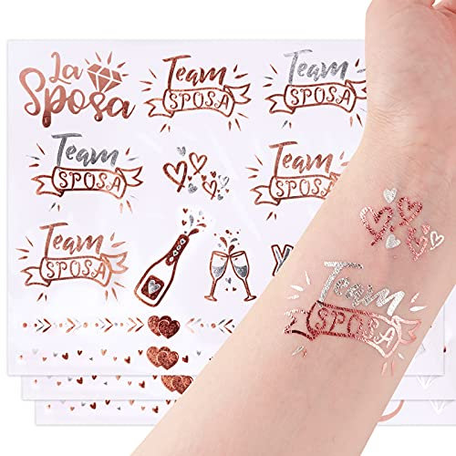 FLOFIA 54pz Tatuaggi Temporanei Sposa, Addio al Nubilato, Gadget Amica Team Bride, Decorazioni Matrimonio, Feste, Doccia Nuziale 3 Fogli Oro Rosa