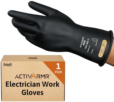 Ansell ActivArmr Elektriker-Schutzhandschuhe, Elektroschutz Klass 00 (500V), Elektrisch Isolierende Gummihandschuhe, Professionelle Arbeitshandschuhe 28cm, Schwarz, Größe L (1 Paar)