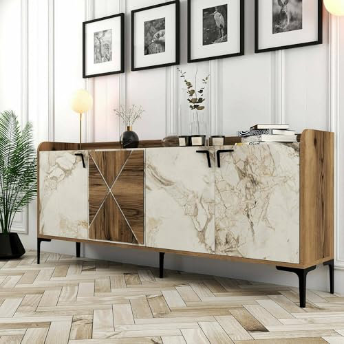 Dmora - Console Deneb, Buffet de Salon, Meuble Bas pour TV, Socle Mural équipé, 180x35 h78 cm, Noyer et Marbre Blanc