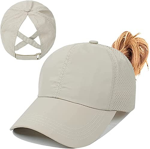 Pferdeschwanz Baseballkappe Damen Sommer Einstellbare Schnell trocknende Masche Atmungsaktiv Baseballmütze Unisex Criss Cross Hüte Sport Mütze (Khaki)