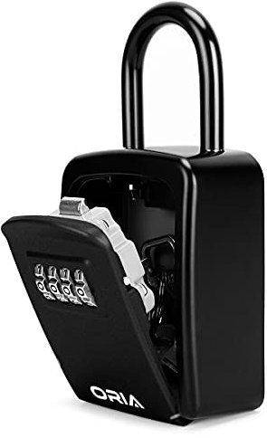 ORIA Key Box with Removable Hook, Outdoor Secure Key Storage, Key Safe with Combination, Weatherproof Key Storage Padlock Box for Garage School Spare Home Keys - Black