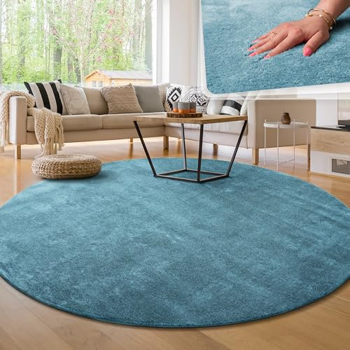 Paco Home Moderner Kuscheliger Wohnzimmer Teppich Kurzflor waschbar flauschig Weich Einfarbig Felloptik zeitlos stilvoll rutschfest pflegeleicht, Grösse:120 cm Rund, Farbe:Türkis