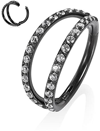 AROWRO 16g 6mm Double CZ Nasenring für Single Piercing Conch Daith Helix Nase Rook Piercing Schmuck Double Hoop Nasenring Septum Ringe Nasenringe Hoops Conch Hoop Ohrring Septum Clicker Schwarz