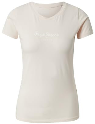 Pepe Jeans New Virginia T-Shirt à Manches Courtes pour Femme Coupe ajustée Blanc, Poudré/Blanc., S