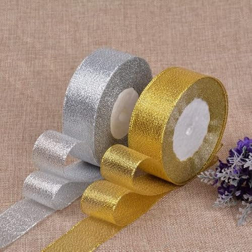 Vsosfiza 2 Rollen Gold und Silber Organzaband, Schleifenband Gold und Silber, Breit Band Rolle Geschenkband (4cm/25Yards)