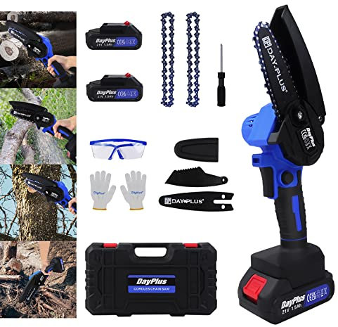 Mini Kettensäge mit Akku 4 Zoll Kleine Kettensäge Akku Einhand Kettensäge mit 2 Batterien und 2 Ketten, Sicherheitsschloss, Elektro Kettensäge Geeignet für Gartenbau/Bäume/Garten Holz