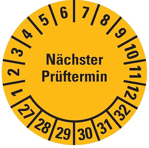 Dreifke® Prüfplakette Nächster Prüftermin 27-32, gelb, Folie, ablösbar, Ø 15mm, 420/Heft