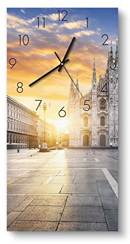DEQORI Glasuhr | horizontal 30x60 cm | Motiv Mailänder Dom am Morgen | große XXL Design Uhr aus Glas | leise Wanduhr für Wohnzimmer & Küche | Moderne Hingucker Uhr für die Wand