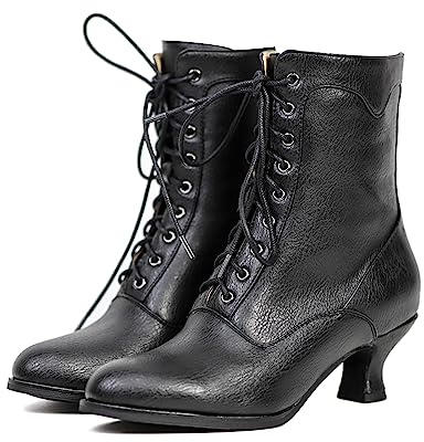 Yremael Viktorianische Stiefeletten für Damen, wadenhoch, runde Zehenpartie, schwarze Stiefel mit klobigem Absatz und Schnürdetail