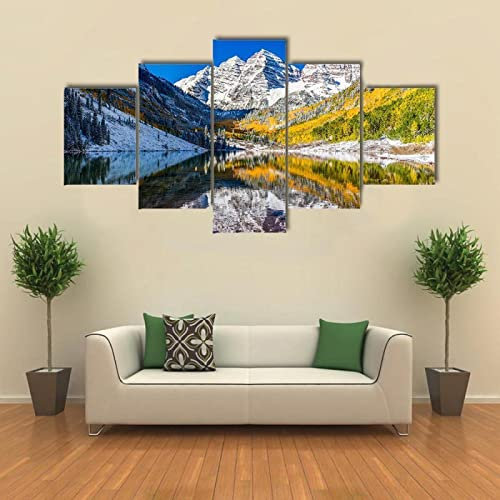 Kunstdrucke 5 Teilig Bilder Leinwand,leinwandbilder 5 teilig wohnzimmer dekoration,5 Teilig Wanddekoration Herbstlaub bei Maroon Bells,Bild Bilder auf Leinwand 5 teilig Poster,wandbild xxl 100x55cm