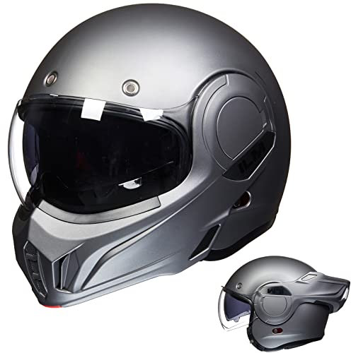 ILM Motorradhelm Integralhelm Klapphelm Fullface Helm Herren Damen ATV UTV mit 180° Umkehrbarer Kinnschutz ECE Model-B707,Mattes Grau, L