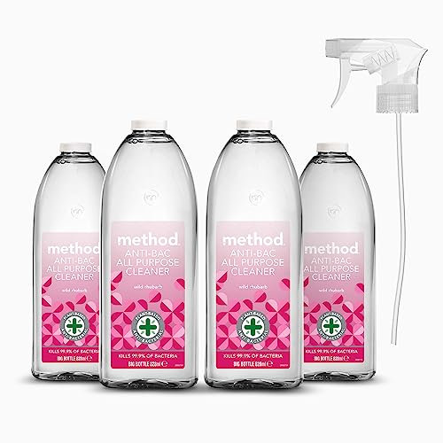 Method Antibacterial All Purpose Spray, Powerful Formula Kills 99.9% of Bacteria, Wild Rhubarb, Pack of 4, 828ml