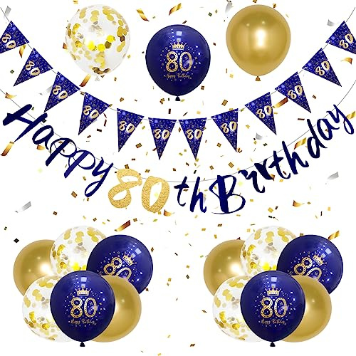 Mens 80th Birthday Decorations Navy Blue Gold 80th Birthday Party Decorations Mens Banner Bunting Kit by Wonsta