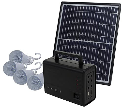 10W Off-Grid Solar Lighting System with 4 LED Lights,18v Solar Panel, Lead Acid 12v 5A Battery and Cables - Complete Solar Lighting Kit for Indoor Outdoor Kitchen Garden Hiking Camping Tent Fishing